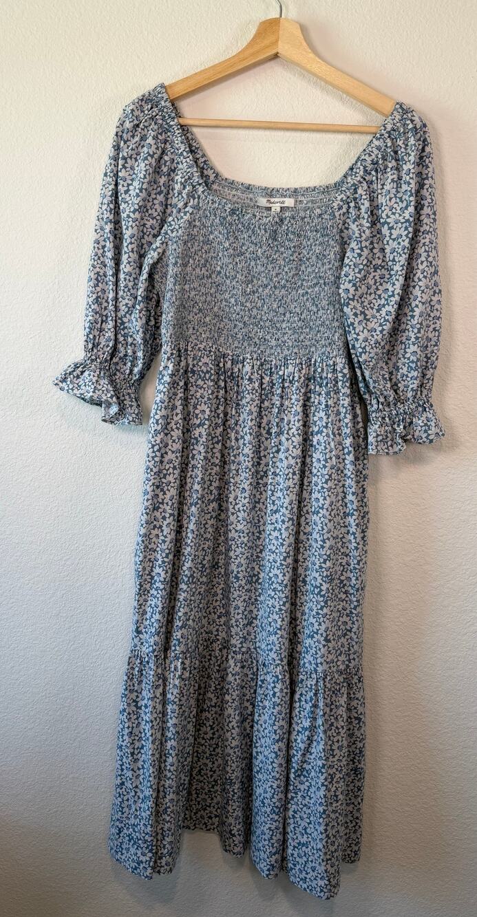Madewell Lucie Elbow-Sleeve Smocked Midi Dress Sunflower Field Blue Size Medium